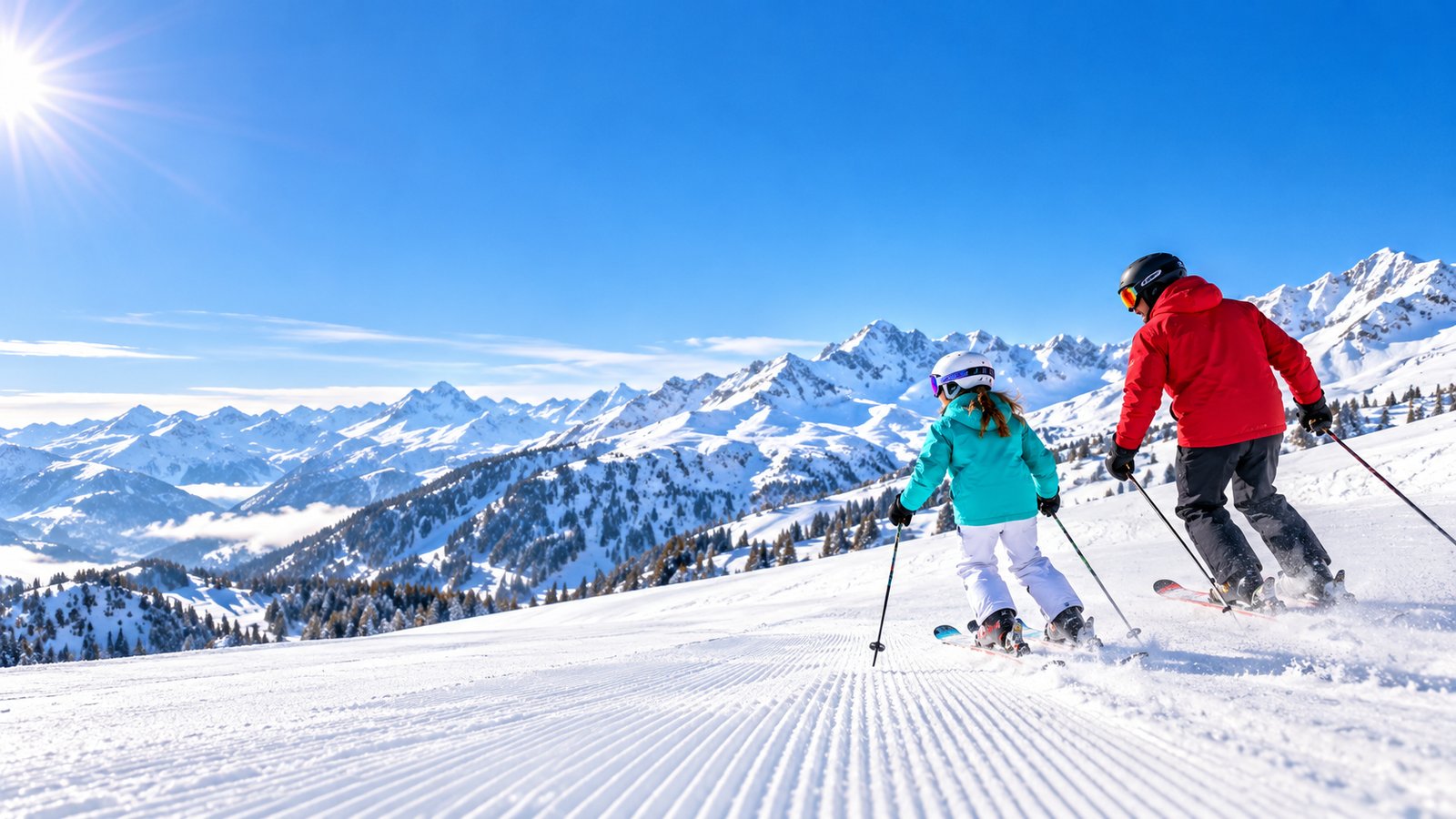 Vater und Tochter fahren an einem sonnigen Tag die Piste hinunter