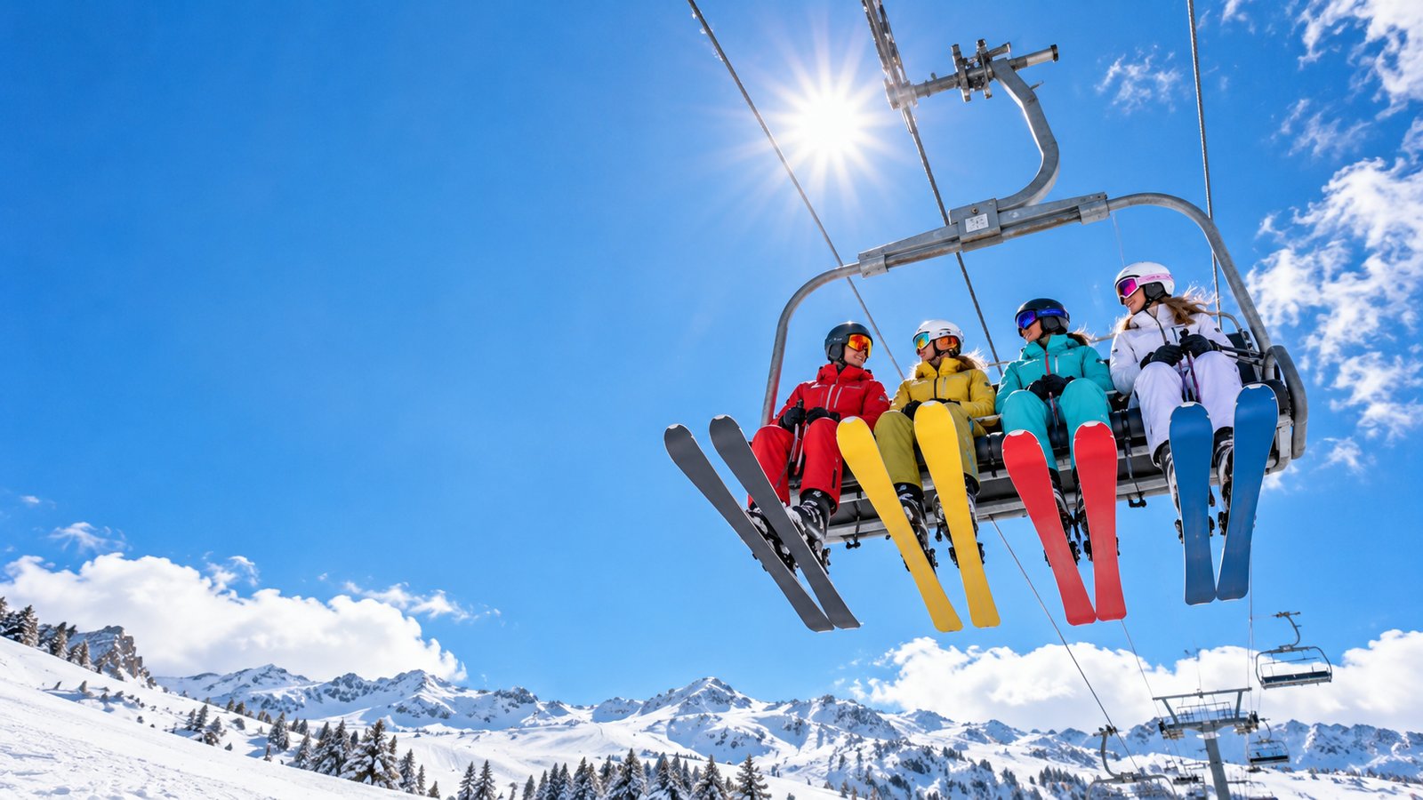 Vier Wintersportler auf dem Sessellift unter blauem Himmel